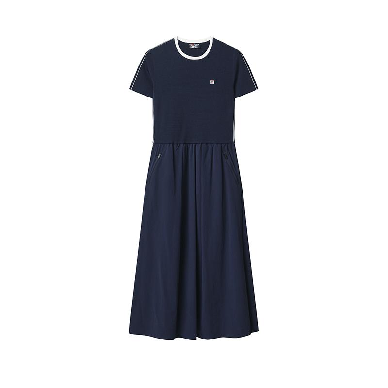 

FILA Heritage Fashion Classic Retro Simple Casual Elegant Relaxed Versatile Comfortable Fitted Woven Midi Short Sleeve Dress Women dress F11W628313FDB M