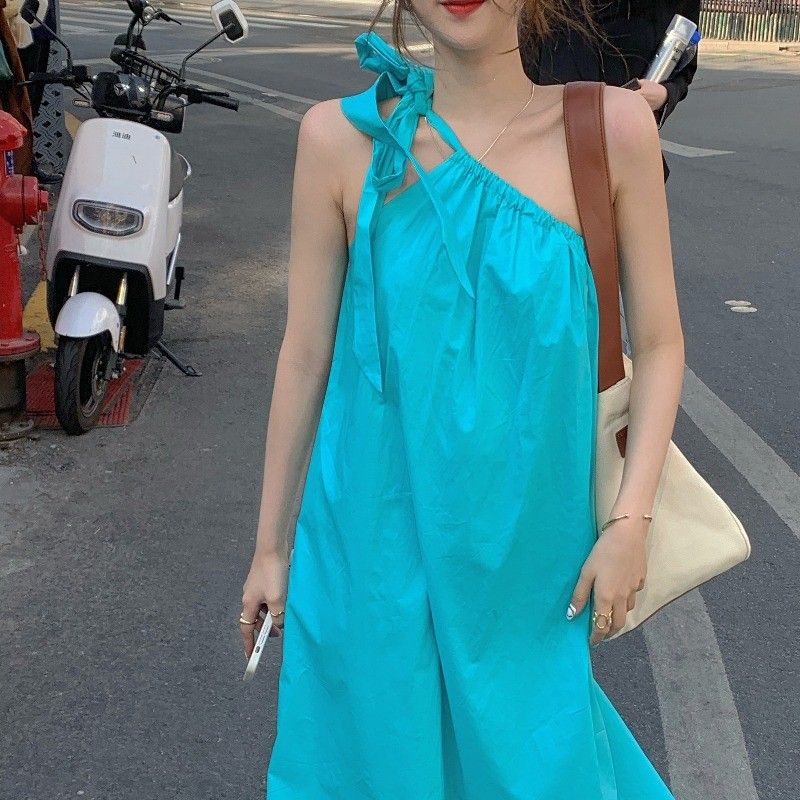 

New Summer French Sleeveless Off-shoulder Niche Dress for Women 2XL синій