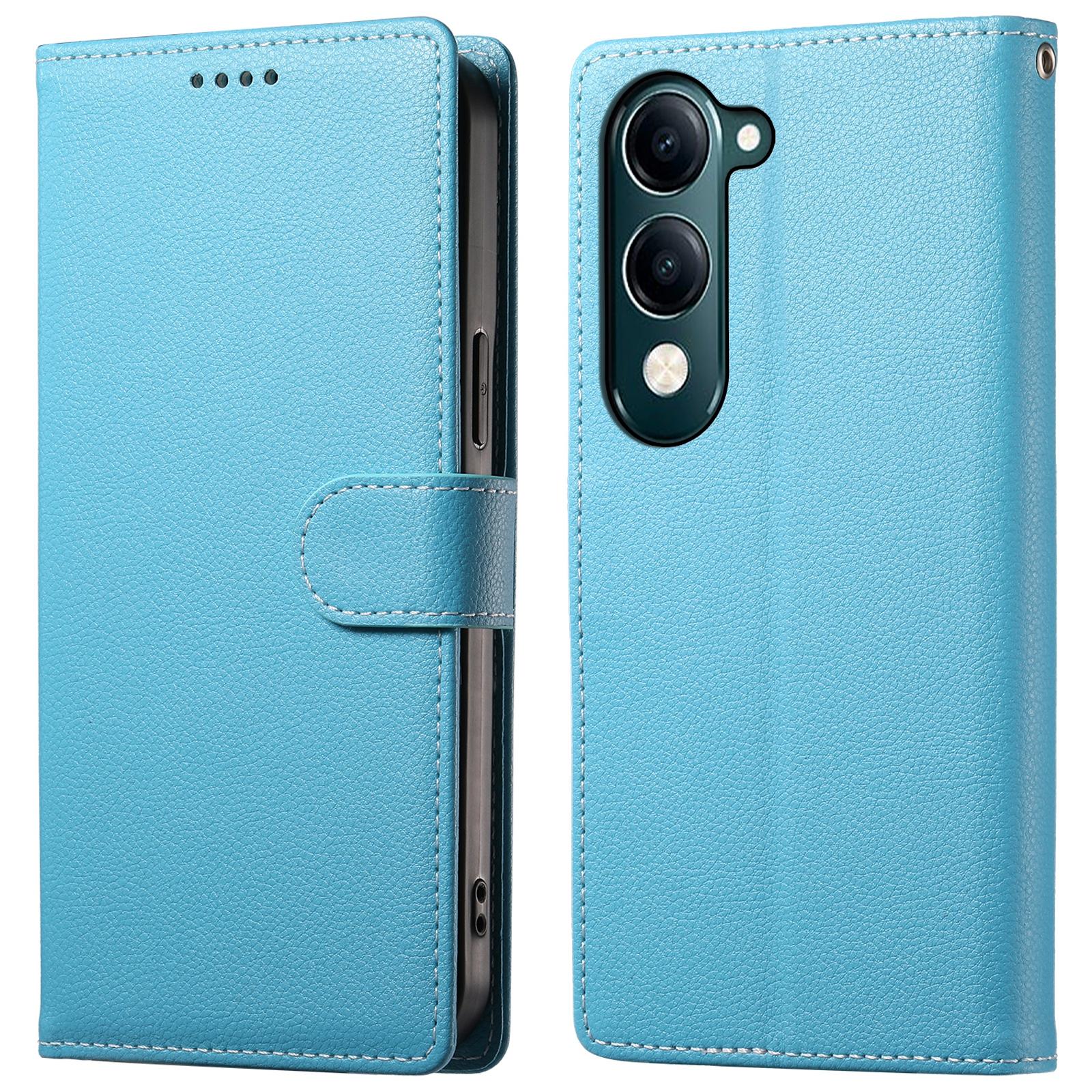 

For vivo Y04 4G/Y29s 5G Stand Case Litchi Texture Leather Wallet Phone Cover Magnetic Snap Sky Blue