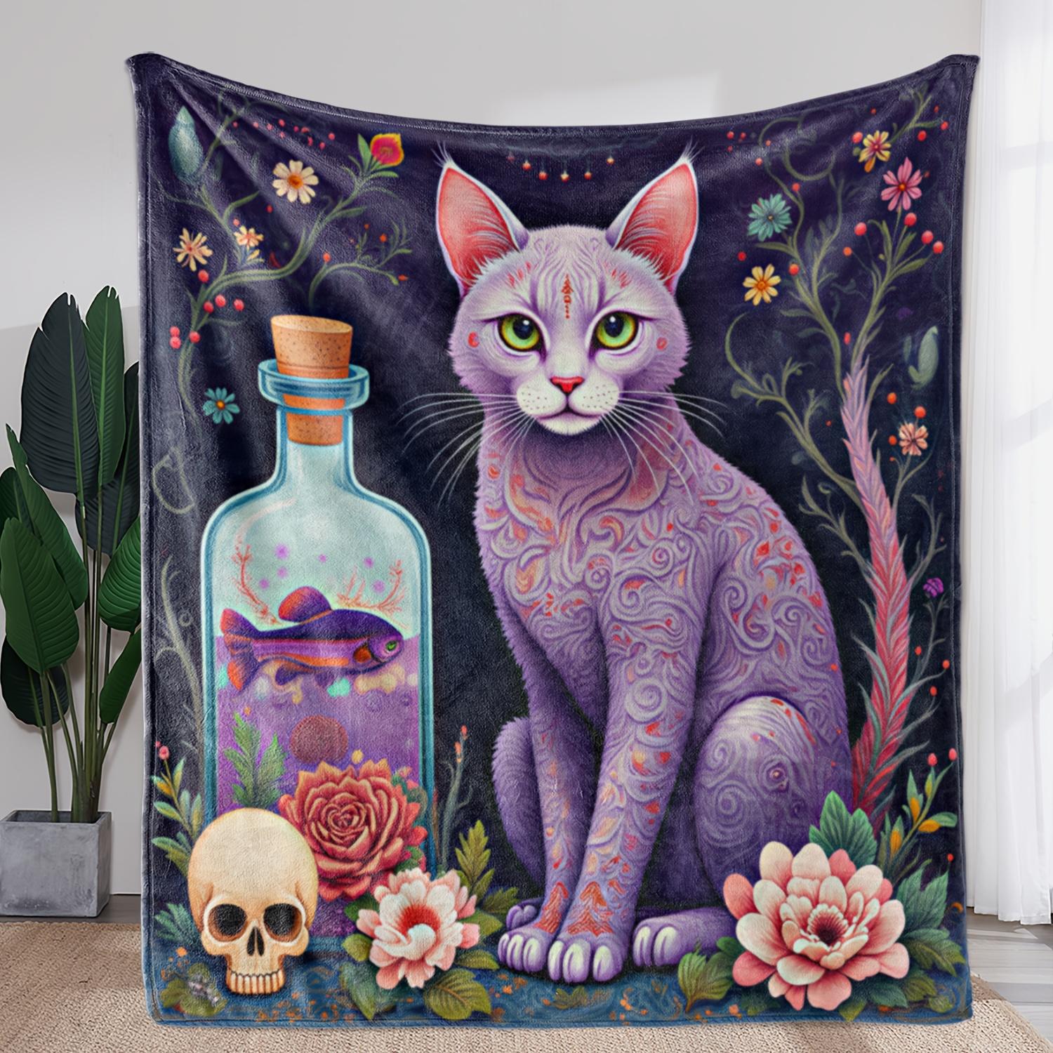 1pc Vintage Style Flannel Throw Blanket with Mystical Purple Cat, Skull & Floral Print - Soft Warm All-Season Cozy Blanket for 130x150cm