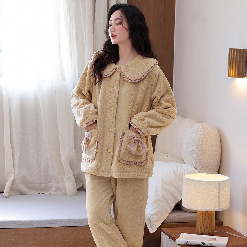 Ensemble de Pyjama d'Hiver en Flanelle pour Femme - Cardigan Mignon, Manches Longues, Vêtement d'Intérieur Chaud et Confortable