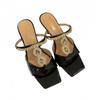 Slippers French Style Vintage Gold Square Toe Elegant High Heels SummerThinBeltGem Thin Heel Open ToeSandals