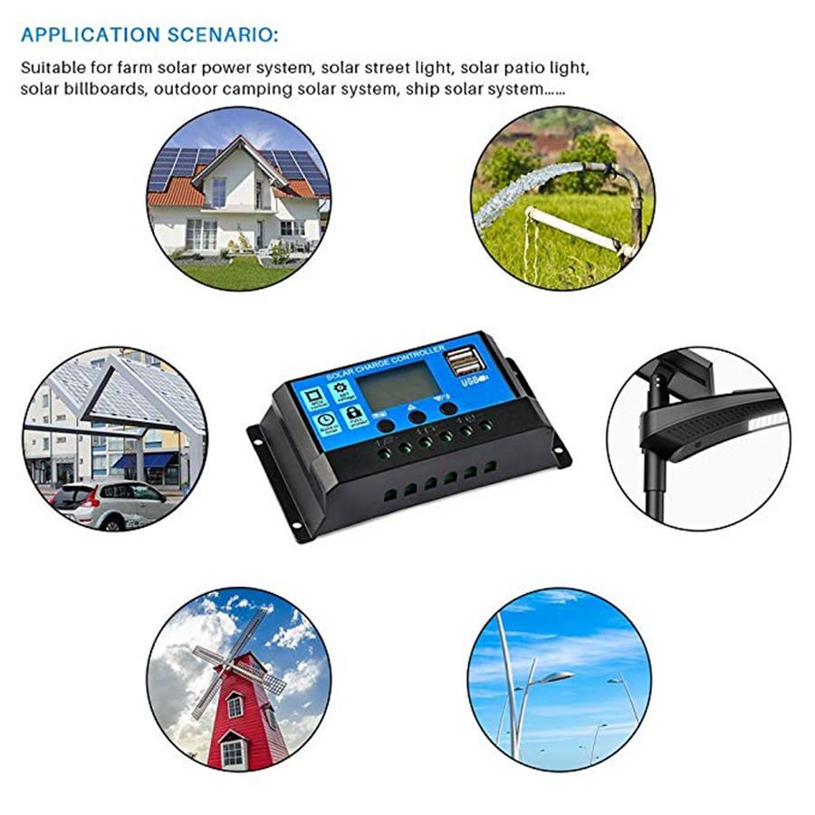 Solar Charge Controller 30A, Solar Panel Battery Controller 12V/24V Auto Paremeter Adjustable LCD Display Solar Panel Battery Regulator with Dual USB