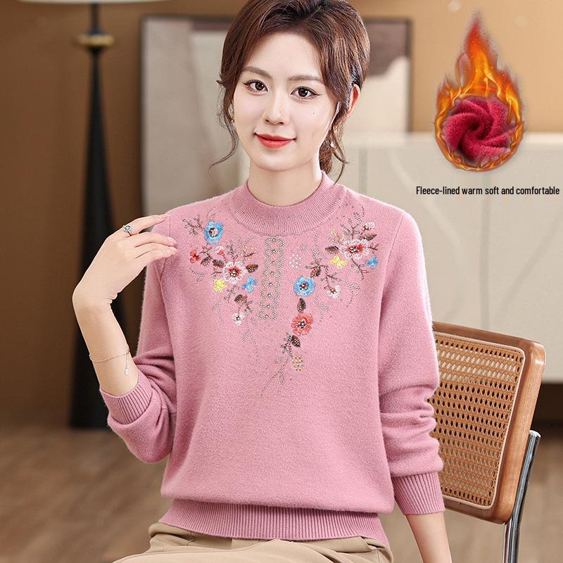 Mom's Winter Fleece-Lined Warm Top Sweater for Middle-Aged & Elderly Women