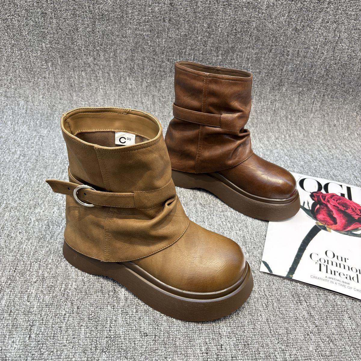 

2025 новая женская обувь на платформе, увеличивающая рост, повседневные универсальные ботинки Мартин, женские ботинки в британском стиле на липучках, с глубоким толстым каблуком, туфли 40