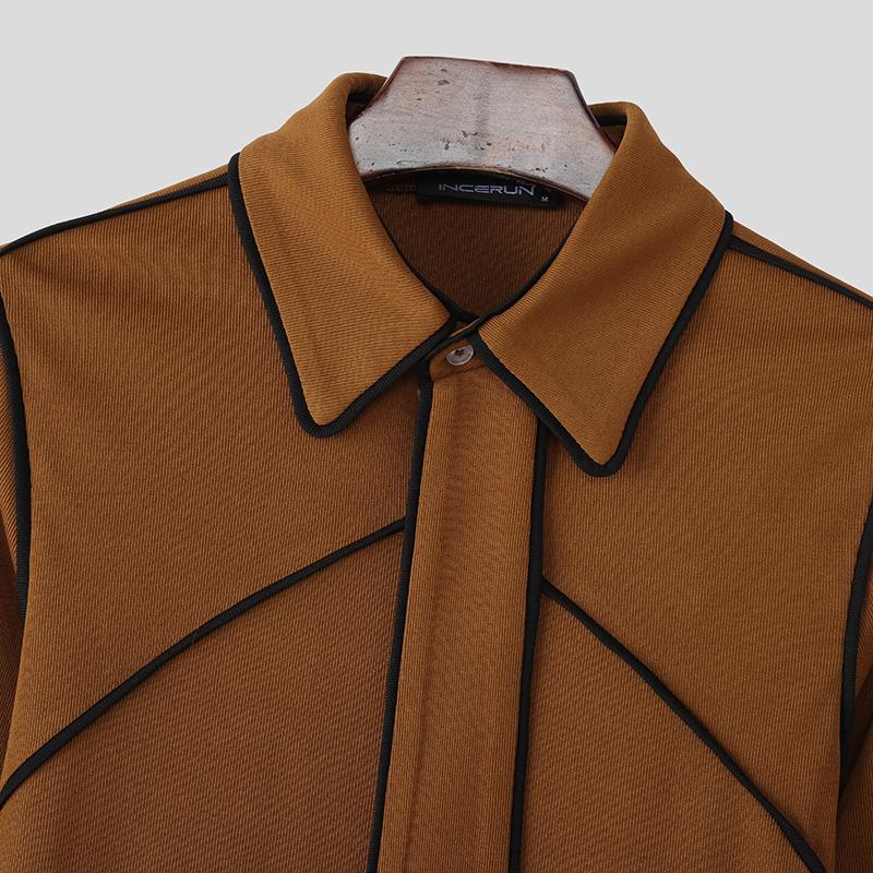 INCERUN Autumn Men's Lapel Neck Long Sleeve Stitching Rib Casual T-shirts Undershirts