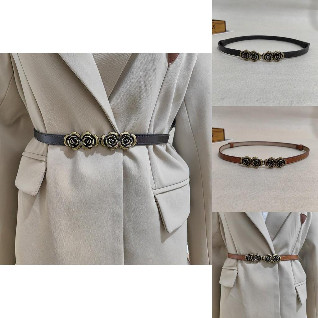 Fashionable Leather Waist Belt For Dresses With Retro Rose Pattern And Alloy Buckle For Business Casual