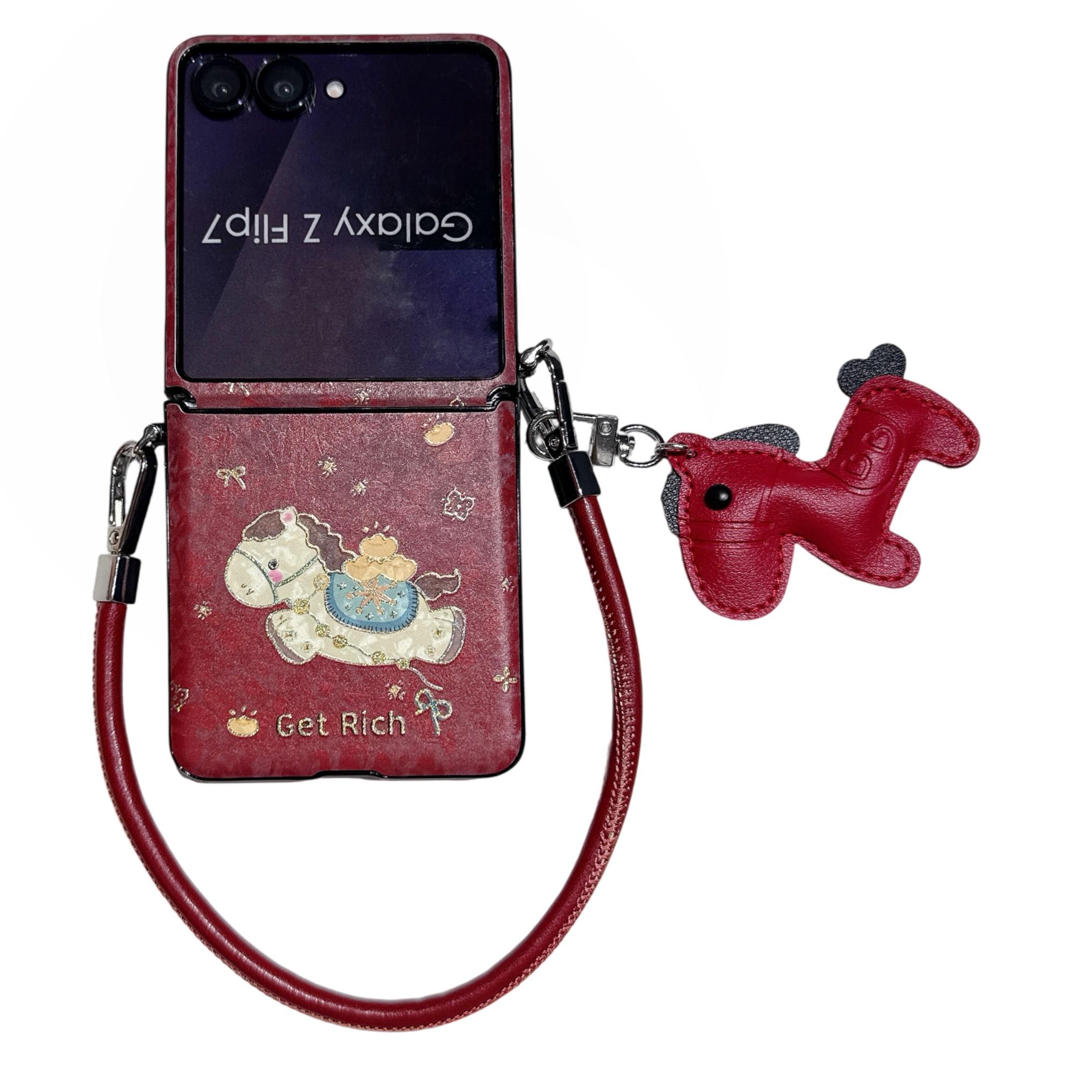 

Lucky Horse Zodiac Wrist Phone Case for Samsung Galaxy Z Flip 7 FE 6 5 4 3 Start Wrist Strap Protective Cover Galaxy Z Flip5