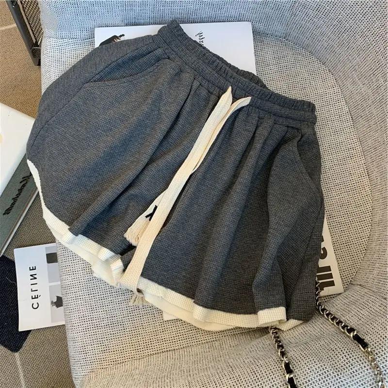 Summer Women's Suit Design Sensibility Niche Loose-Fit Versatile Zipper Lapel Short Sleeves Walf Checks Shorts 2-Piece Set