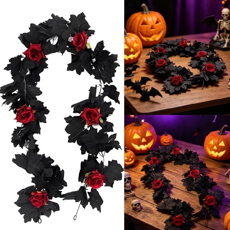 Halloween Home Setting Accent, 65.98 Inch Black Maple Rose Chain for Entryway, Door Frame, Shelf, and Wall Trim