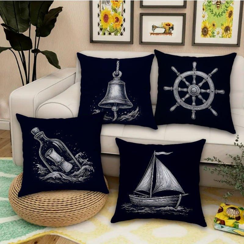 Vintage Nautical Pillow Covers, Ship Bell Wheel Double-Sided Printed Throw Pillow Cases, Coastal Home Decor Cushion Covers