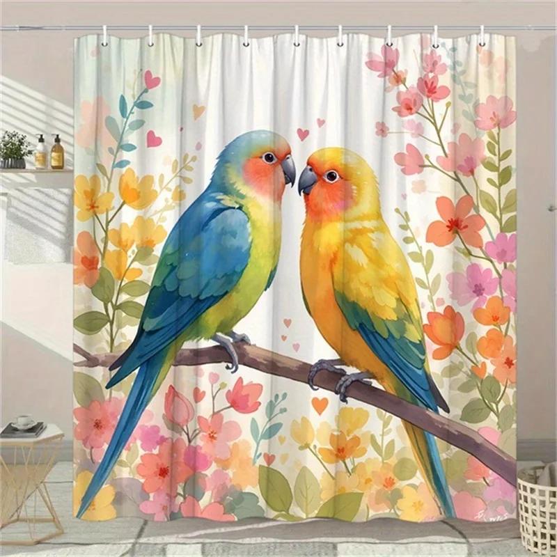 

Colorful Lovebirds on a Branch Shower Curtain - Water-Resistant, Easy to Clean, Adds a Bright and Cheerful Touch to Your W90xH180cm