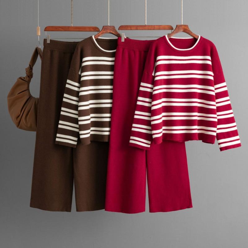 Striped sweater set autumn and winter new loose fashion casual wide-leg pants knitted two-piece set