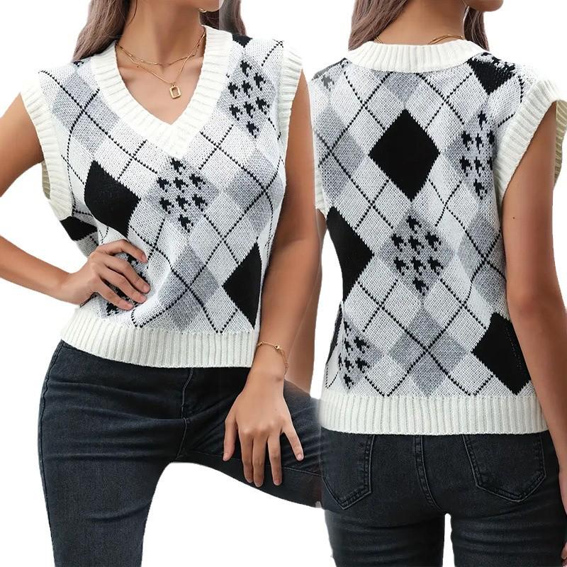 Damen Argyle Strick V-Ausschnitt Pulloverweste für Herbst/Winter