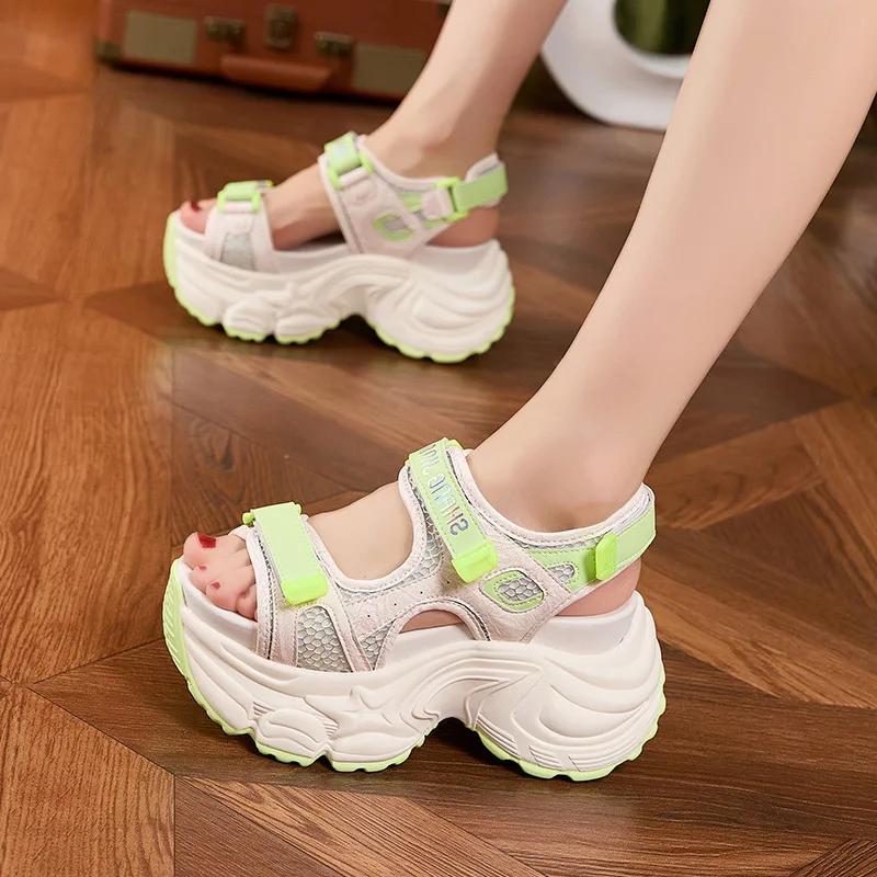 Fashion 9CM Summer Synthetic Microfiber Leather Hollow Vulcanize Peep Toe Hook Platform Wedge Women Sandals Flats Chunky Sneakers Shoes