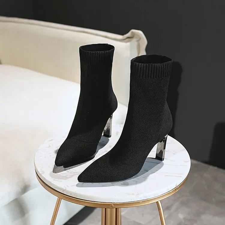 Simple Fashion Stretch Socks Boots for Women High Heels Shoes Knit Socks Boots Skinny Women Pointed Toe Ankle Boots Botas Mujer