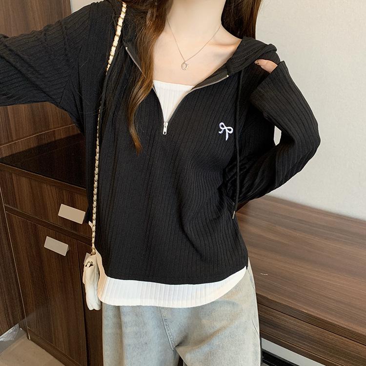 Plus Size Women s Color Block Embroidered Bowknot Hooded Knit Top 4XL
