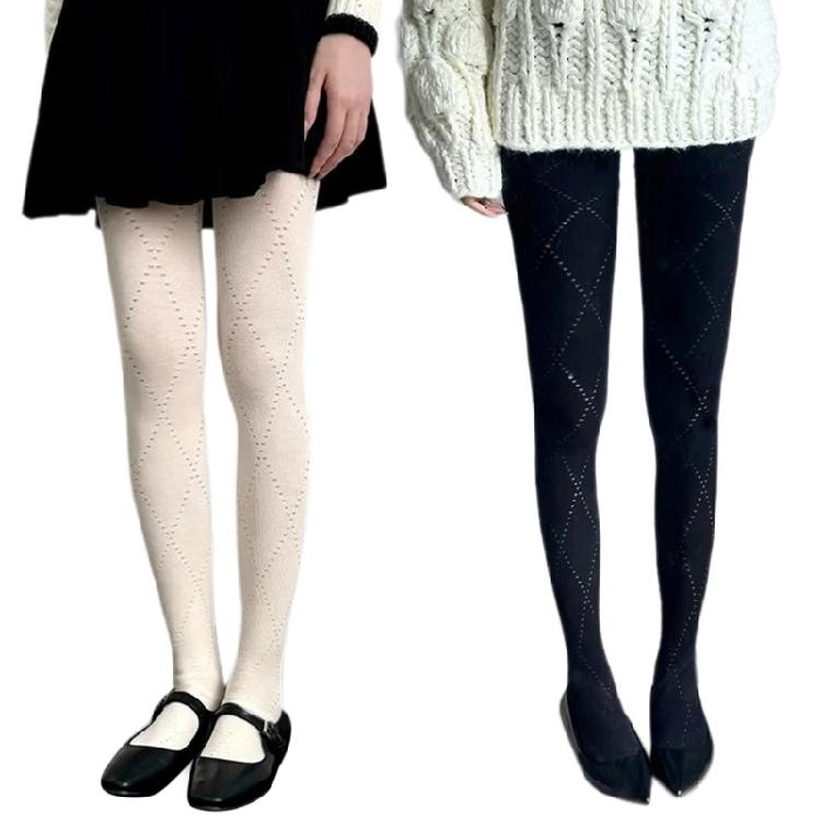 Women Hollowed Plaids Pattern Stockings Cotton Pantyhose Solid Color Winter Opaque Tights Bottoming Leggings Hosiery