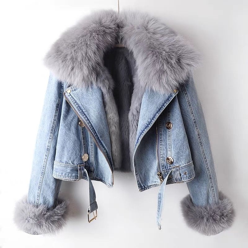 Detachable Faux Fox Fur Rabbit Fur Inner Lining Denim Jacket Women's Short Top Female Warm Parker Outwear