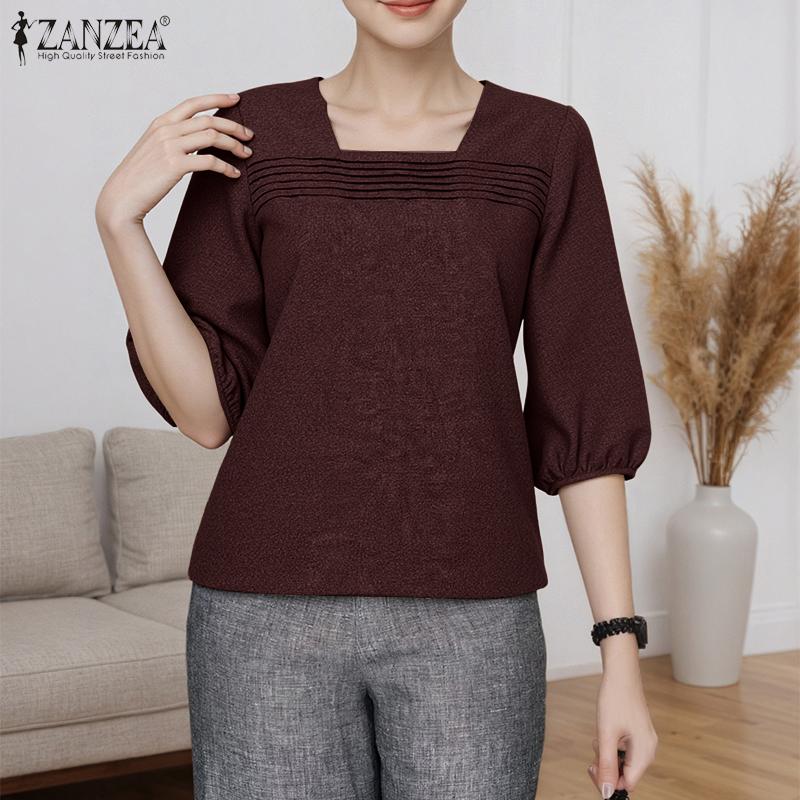 ZANZEA Women Casual Sqaure Collar Summer Loose 3/4 Sleeve Blouse