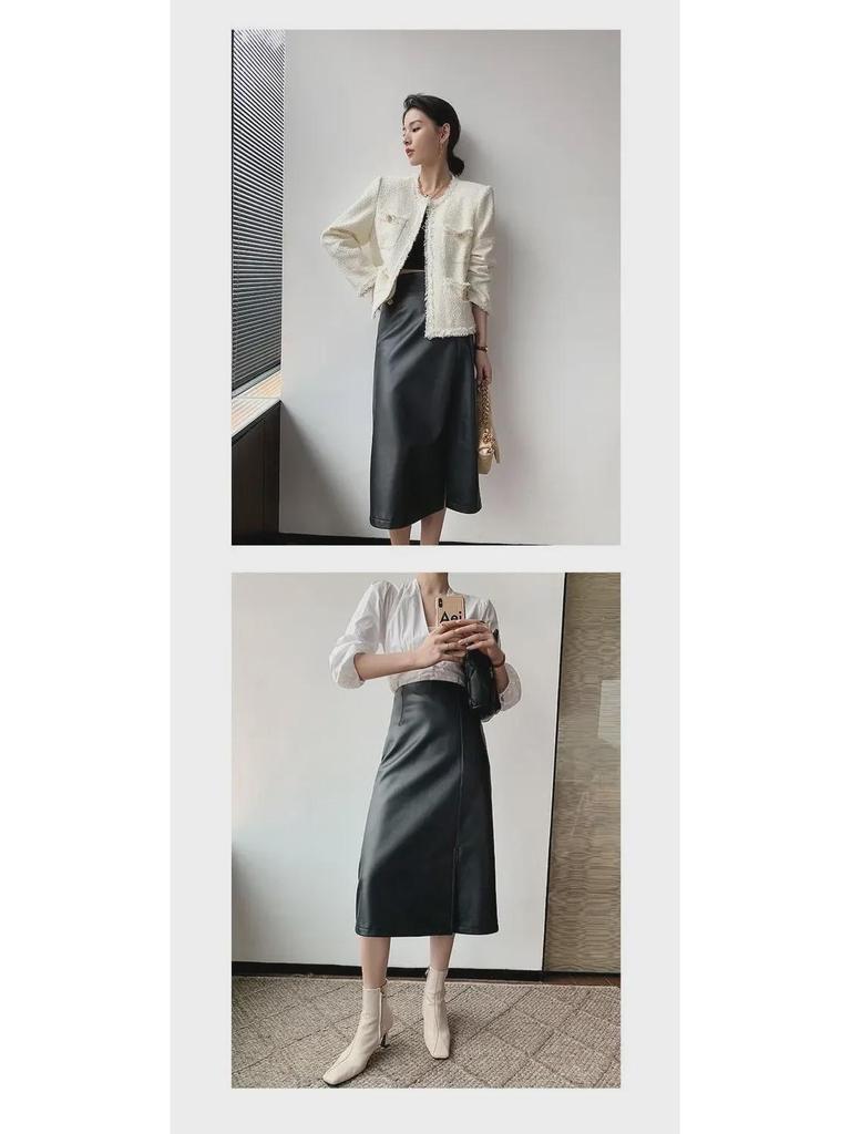 PU Leather A-Line Skirt: Autumn/Winter 2025, Slimming Mid-Length with Slit, Versatile Korean Style for Women
