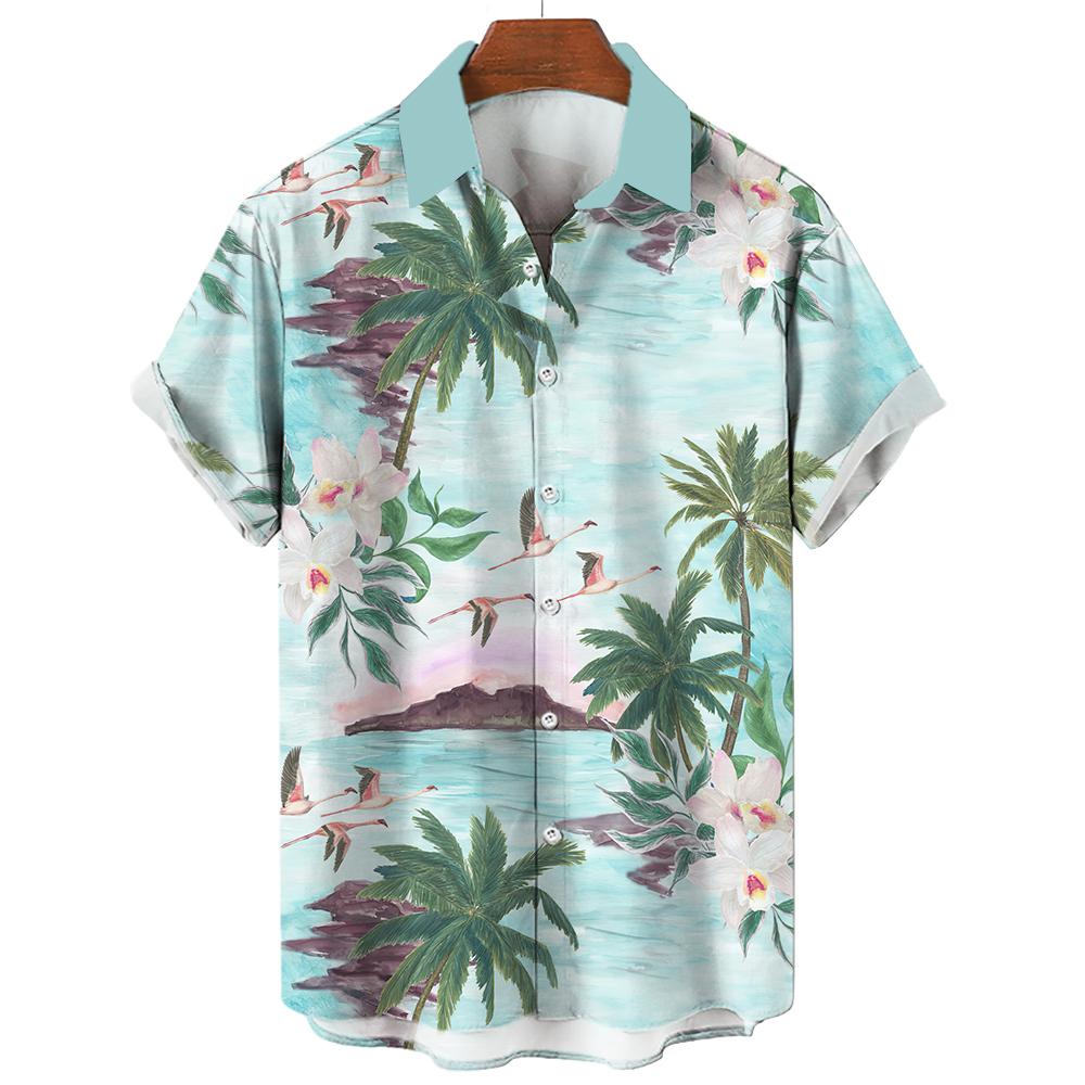Hawaiian shirt, men's and women's 3D palm tree print, fashionable casual short sleeved shirt, lapel button top, oversized unisex clothing