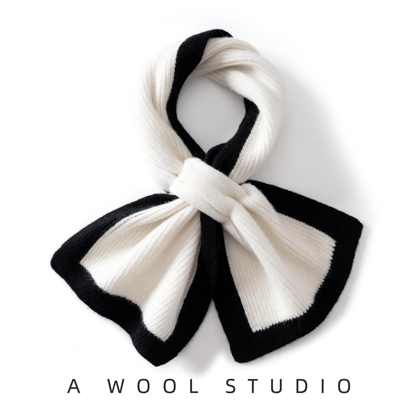 Women 100% Pure Wool Two-Tone Perforated Scarf Rib Knit Winter Warm Soft Stylish Versatile Breathable Cold Weather Accessory