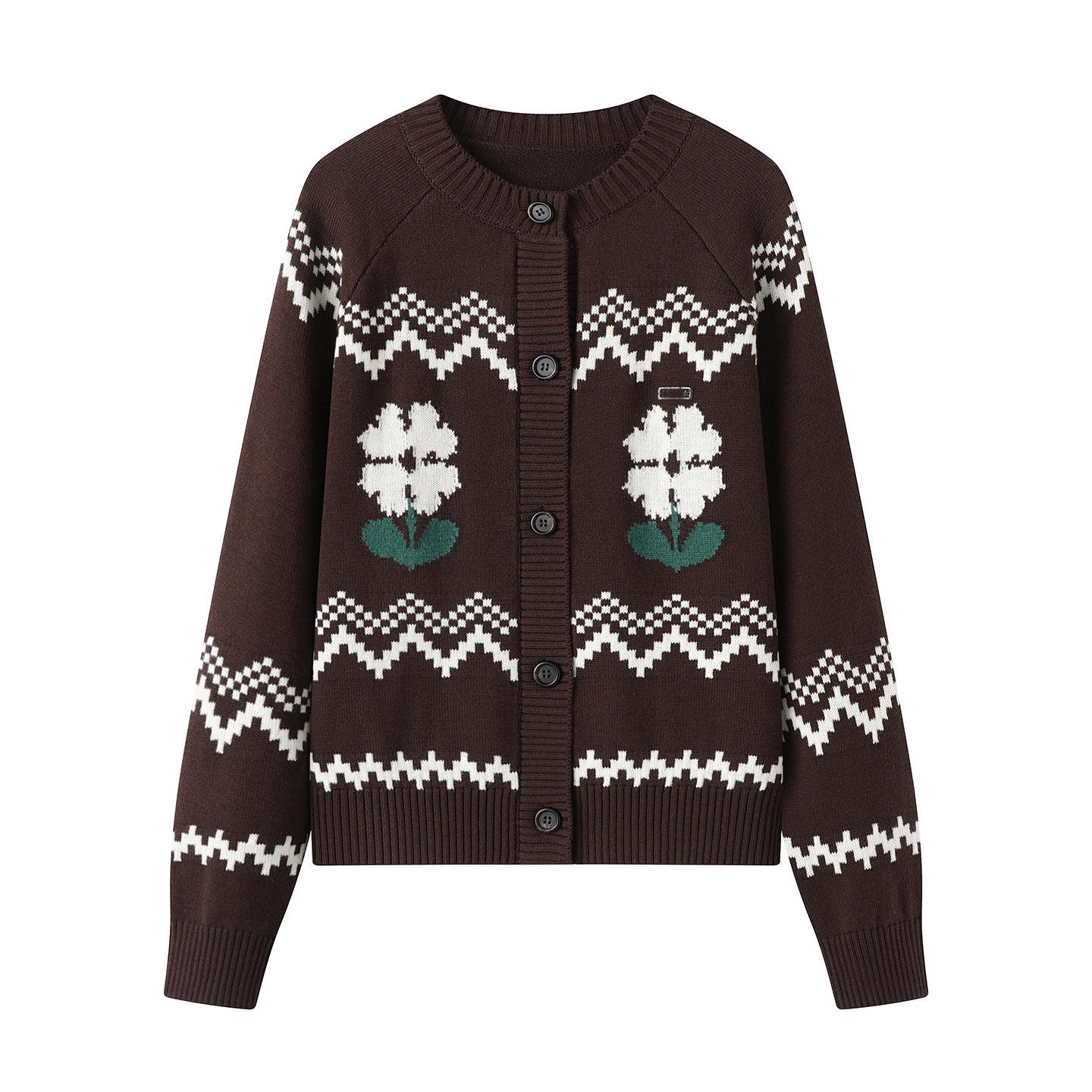

Available: Fall 2025 Women s Y2K Retro Intarsia Brown Knit Cardigan - Casual & Versatile Medium коричневий