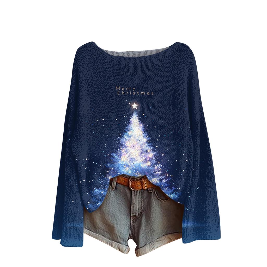 Ladies' Fashionable Casual Long Sleeved Christmas Printed Round Neck Knitted Yarn