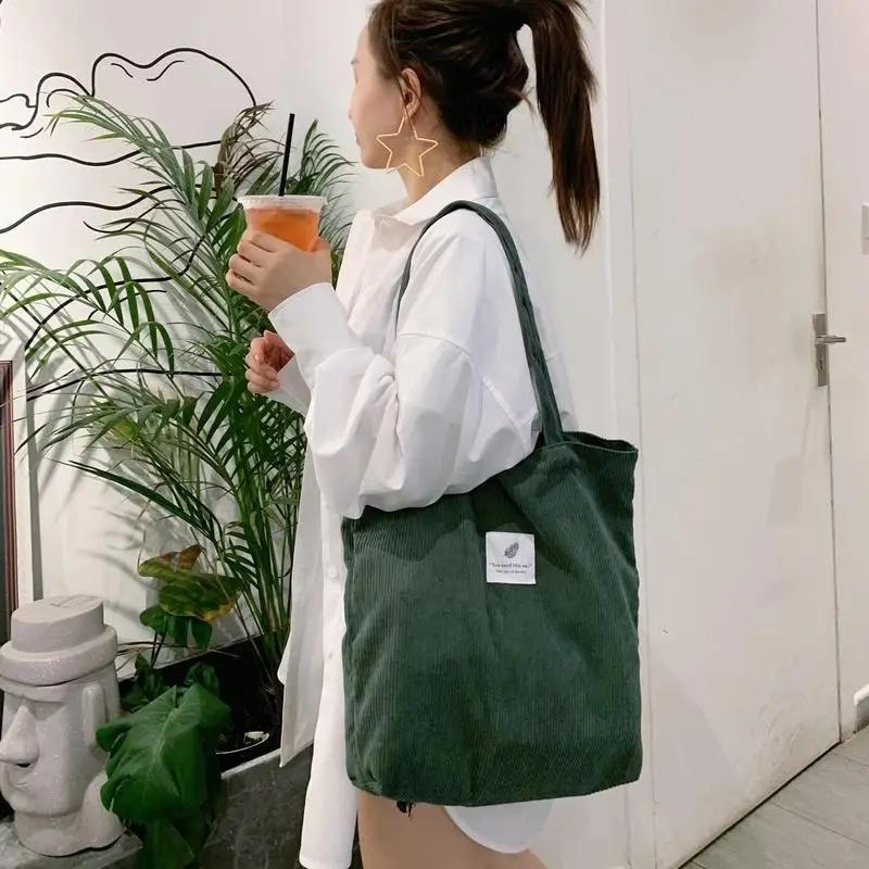 Women Corduroy Shopping Bag Female Canvas Cloth Shoulder Bag Environmental Storage Handbag Reusable Foldable Eco Grocery Totes
