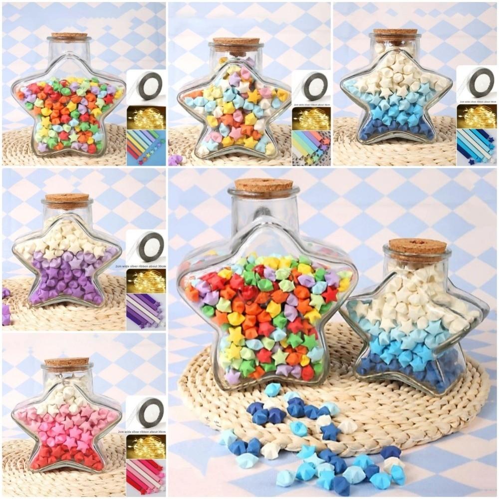 DIY DIY Stars Wishing Bottle Glass Bottle with Shiny String Lights Lucky Star Paper Folding Strips Decorative Rainbow Color