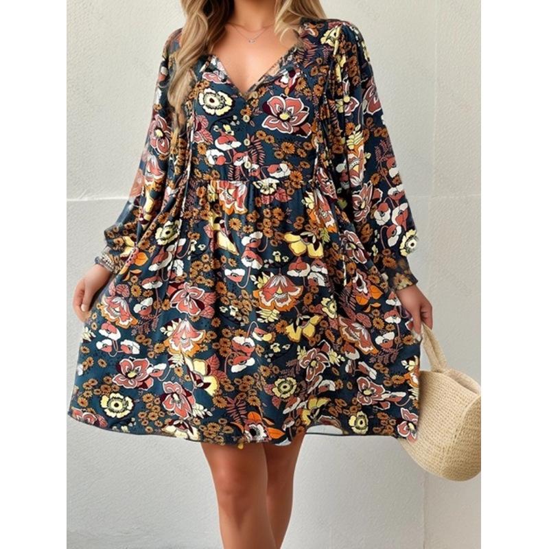 

YYFS Женская мода Лето Весна Цветочный узор Принт Длинный рукав V-образный вырез Свободная талия Повседневные платья XXXL чёрный