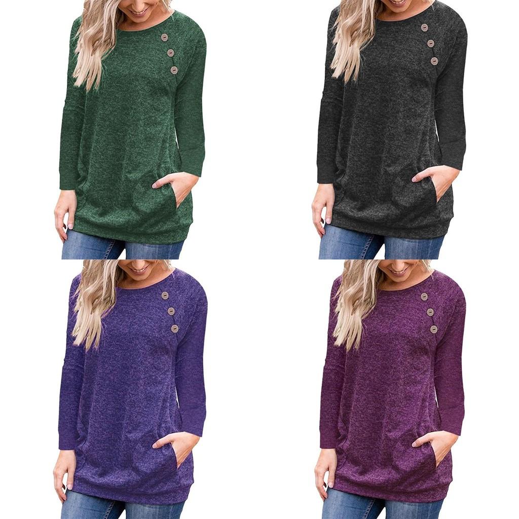 Stylish Women's Pullover Long Sleeve Solid Button Sweatshirt Top For Casual Wear