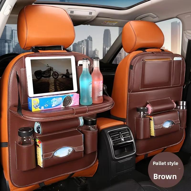 Car Seat Back Organizer PU Leather Foldable Table Tray with Storage Pockets And Kick Mats - Vehicle Interior Accessories