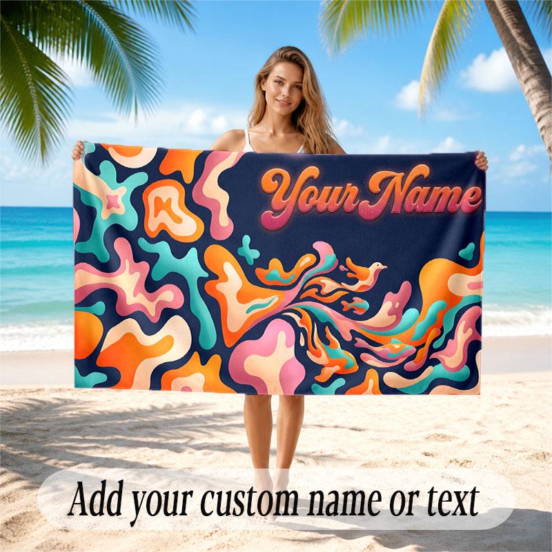 Abstract Geometric Theme Soft Beach Towel Personalized Custom Name Text Towel Portable for Beach Pool Travel