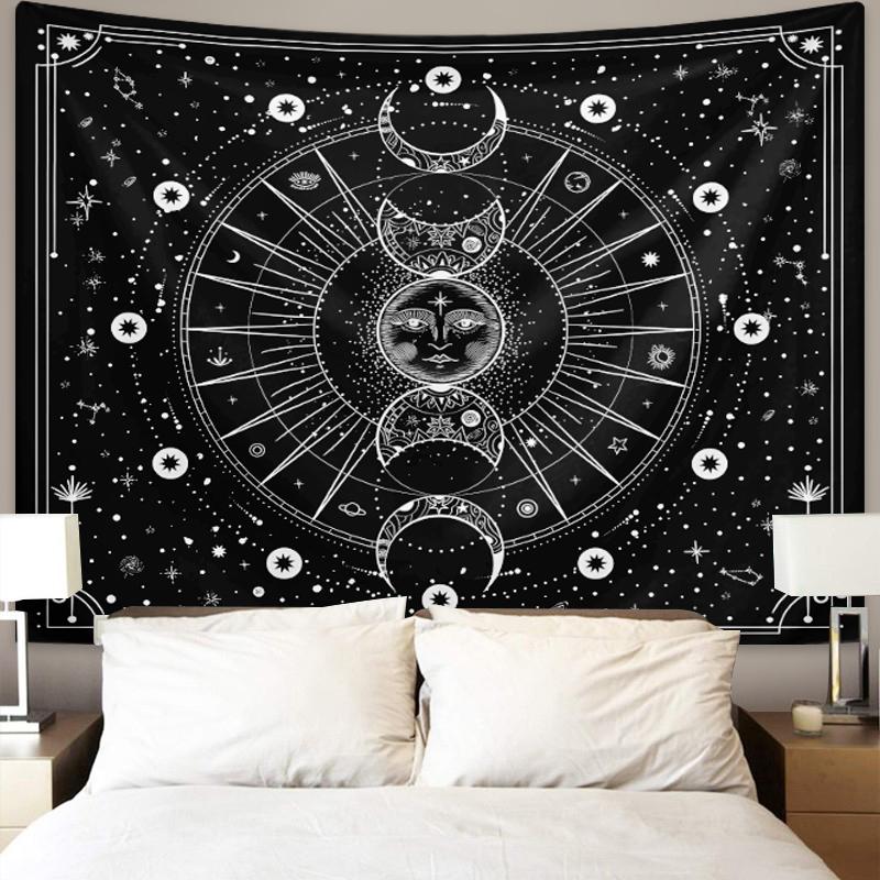 1pc Vibrant psychedelic sun and moon tapestry, used for bedroom decoration with black and white mandala pattern wall hanging