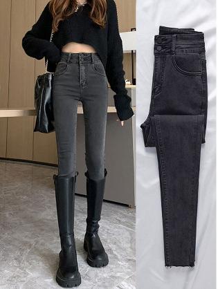 New black and gray tight-fitting high-waisted jeans for women in autumn and winter