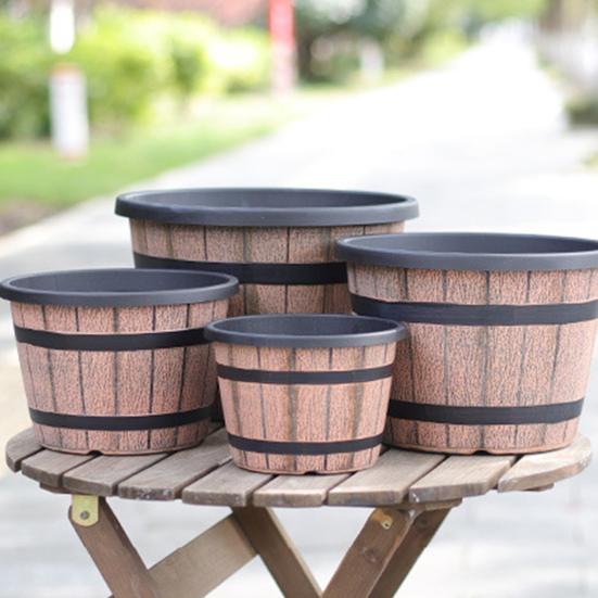 Pot de fleurs Style Tonneau Rustique Pots de Plantes avec Trous de Drainage Intégrés 8" Finition Inspirée du Plastique Marron Pot de Fleurs Extra-Large Épais pour Patio Jardin
