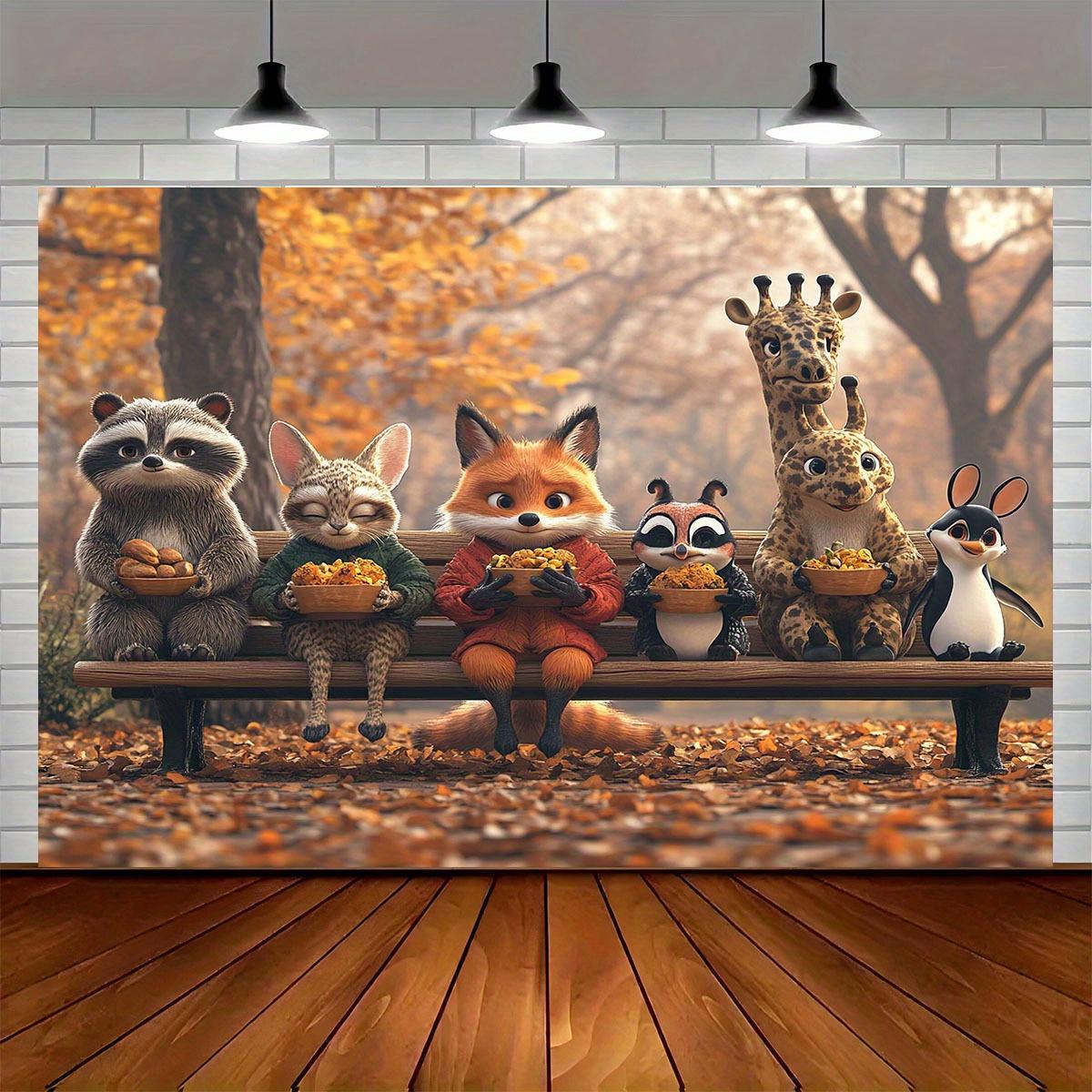 2D Floor Plan 1 Forest Animal Picnic Backdrop - Autumn forest scene including raccoon fox giraffe and penguin 180X110