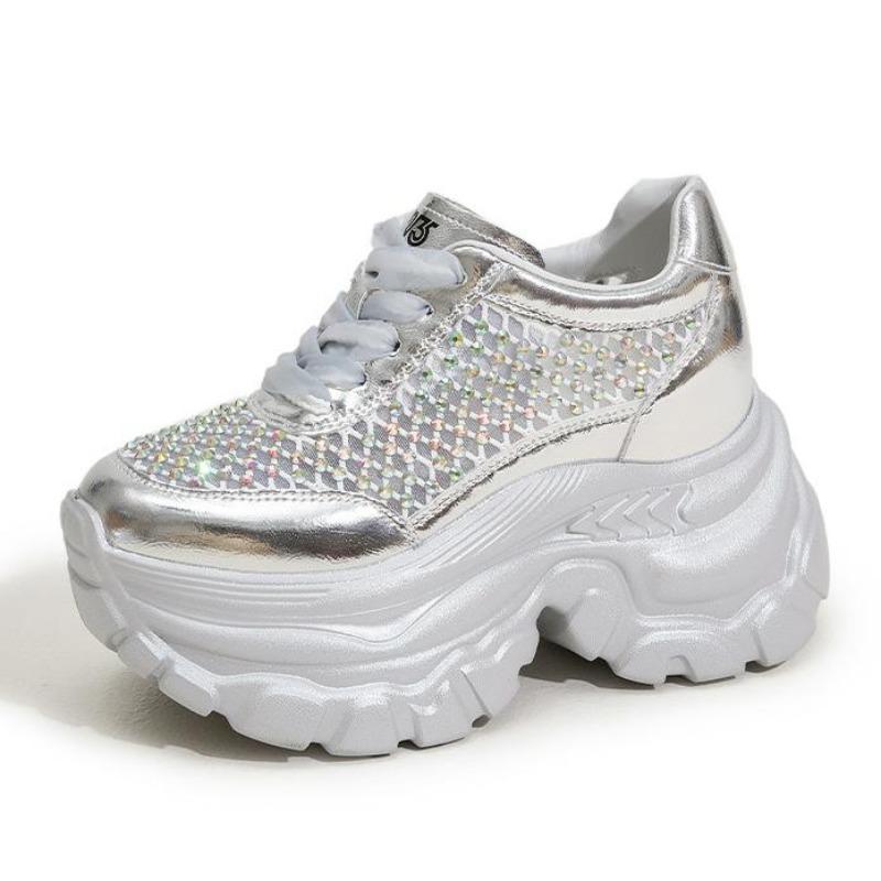 Fashion High Quality 9CM Air Mesh Microfiber Leather Summer Bling Bling Fashion Ankle Boots Hollow Chunky Sneaker Vulcanize Women Shoes