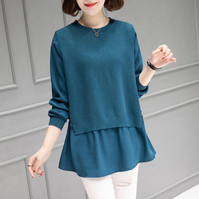 Autumn Winter Women Fashion Round Neck Fake Two Piece Knit Sweater Long Sleeve Loose Pullover Casual Top