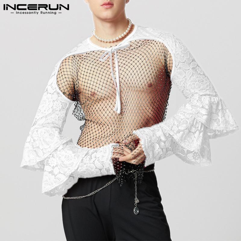 INCERUN Men Lace Up See Through Lace Crop Tops Club Party Mesh Short T-shirts