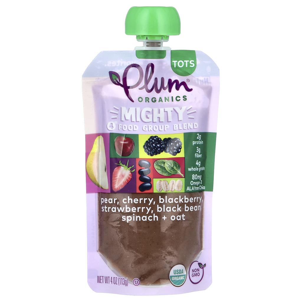 Plum Organics Mighty 4 Food Group Blend, Tots, Pear, Cherry, Blackberry, Strawberry, Black Bean, Spinach, and Oats, 4 Oz (113 G)