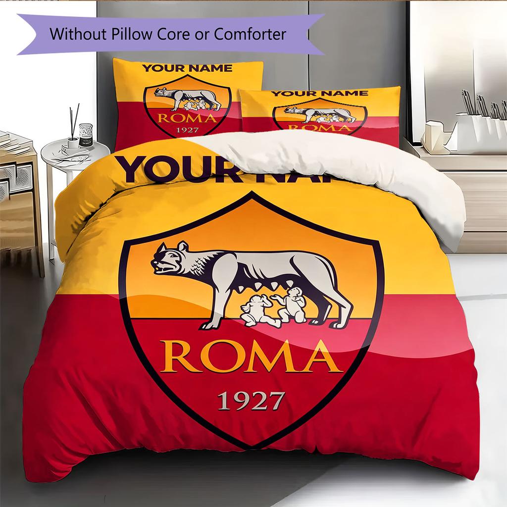 Nome Personalizzato, Fantasia AS Roma Biancheria da Letto Decorazione Casa Regalo di Compleanno ( 1 copripiumino + 2 federe, senza imbottitura),merchandising per fan.