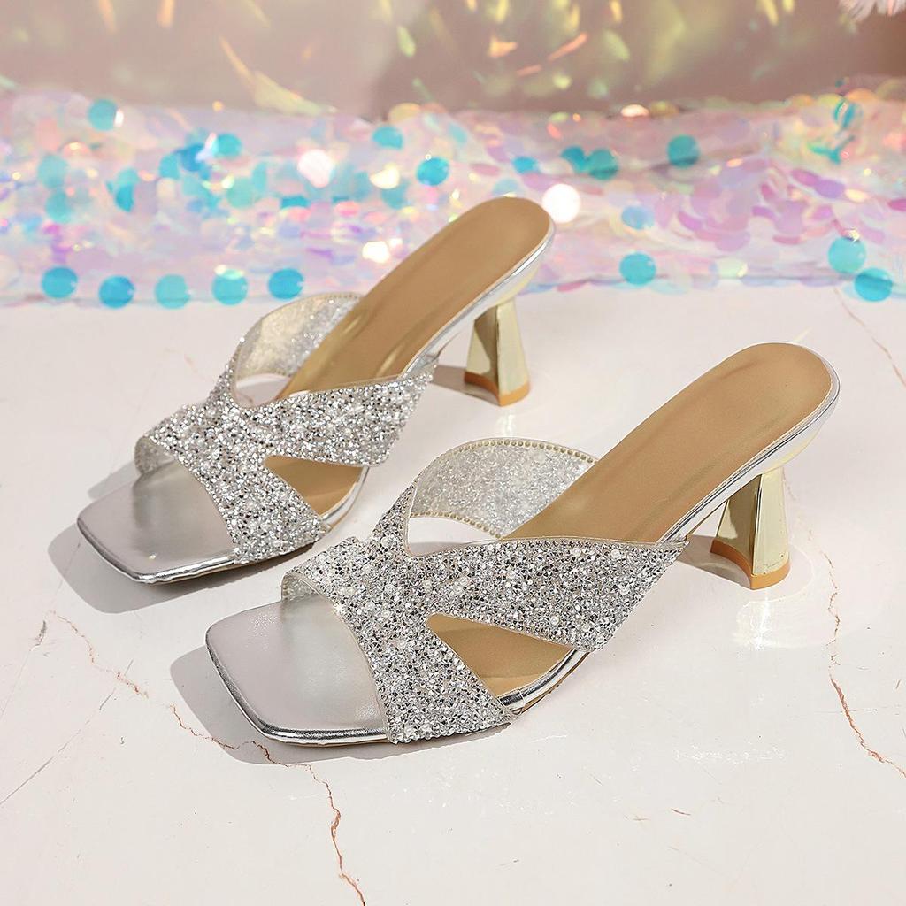 2026 Summer Rhinestone Square Toe High Heel Slides - Sequined, Plus Size, Outdoor Sandals