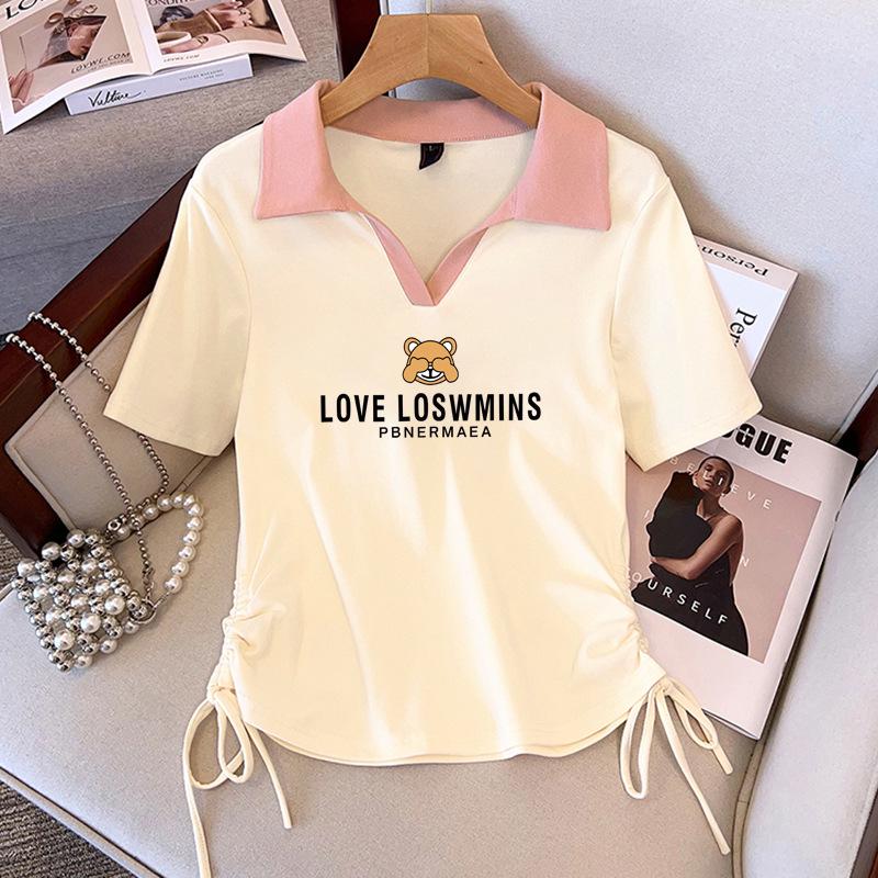 

2025 Лето Женская Футболка в Корейском Стиле с Прямыми Плечами, Отложным Воротником и Короткими Рукавами, Большого Размера 2XL (120-130 jin)