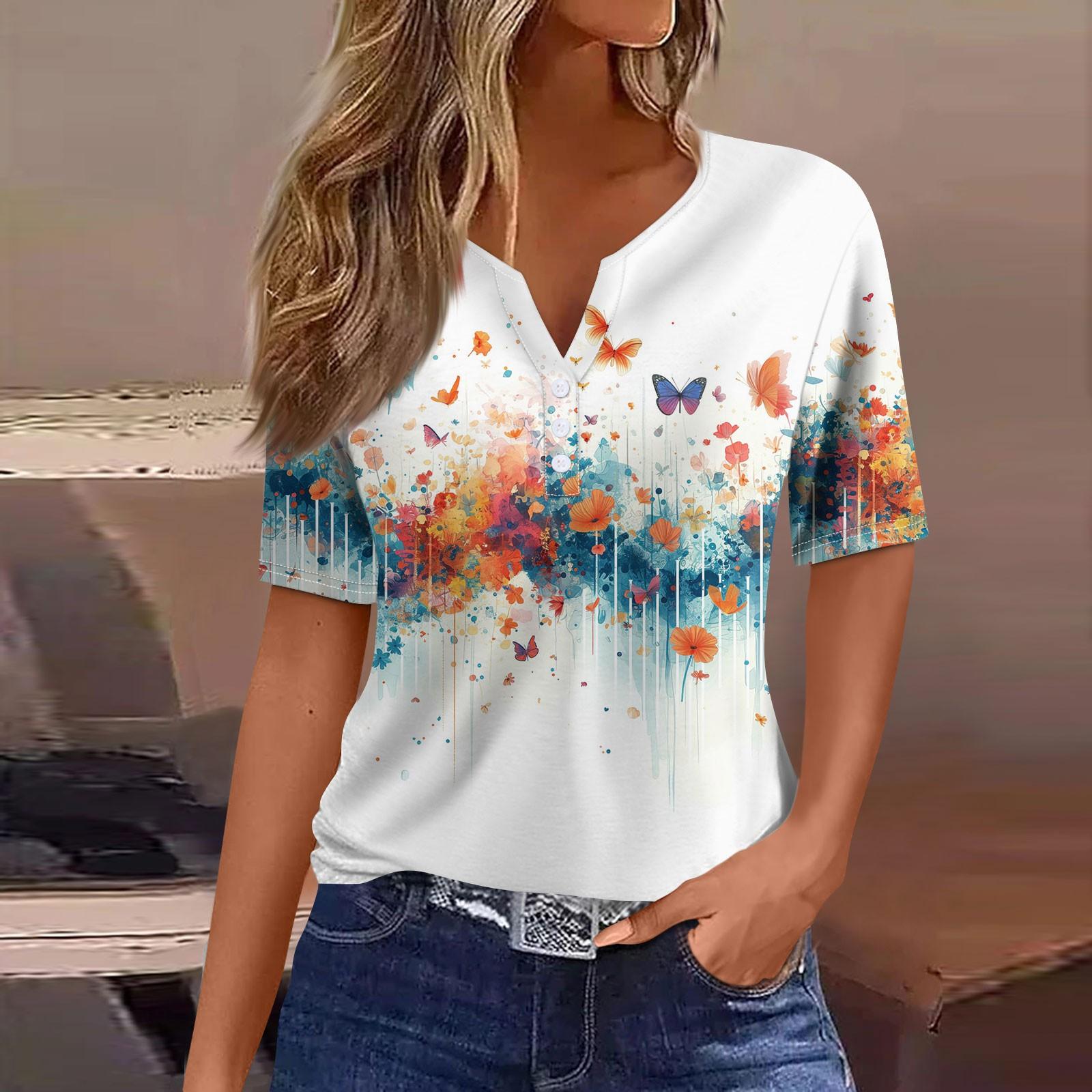 

Жіноча футболка Футболка з принтом на ґудзиках з коротким рукавом Щоденна мода на вихідні Базовий V-подібний виріз Звичайний топ Літо XXL білий