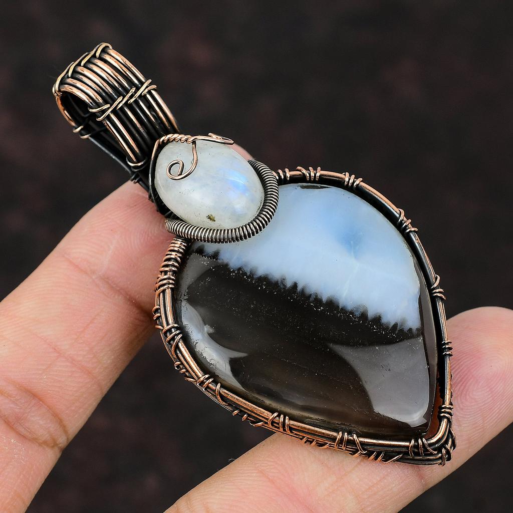 Owyhee Blue Opal Copper Wire Wrapped Pendant Handmade Gemstone Pendant Copper Jewelry For Gift Rainbow Moonstone Pendant Wire Wrap Jewelry