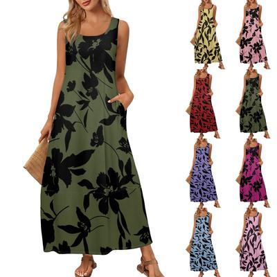 Women's Summer Fashion Round Neck Sleeveless Beach Dress Vintage Floral Printed Dresses