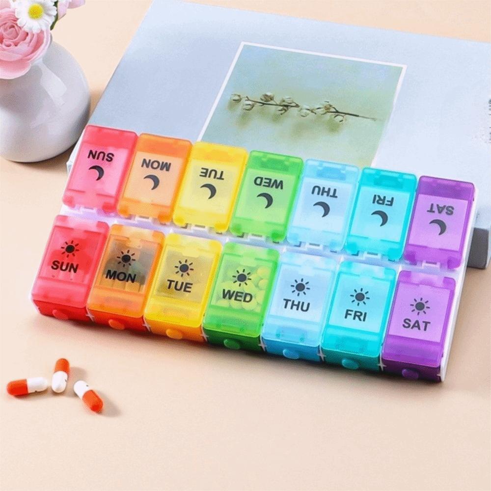 Portable Button-Press Lid Pill Box Weekly Travel Pill Cases Box 14 Grids Pills Container  Men/Women